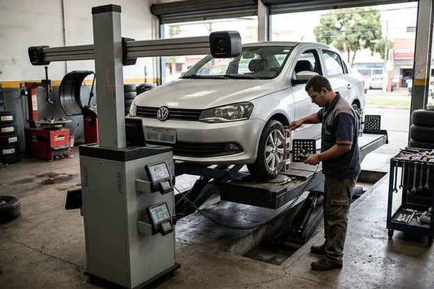 Carro sendo alinhado em uma borracharia.