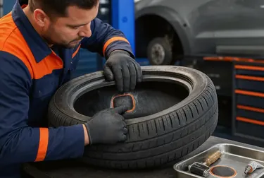 Profissional consertando um pneu em uma borracharia.