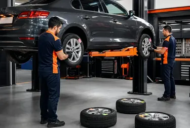 Profissional realizando rodízio de pneus.