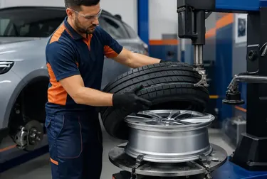 Profissional trocando pneus de um carro.