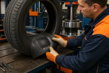 Técnico em vulcanização de pneus com equipamentos.
