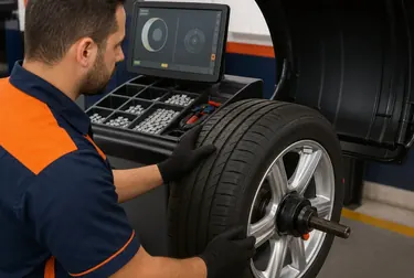 Técnico realizando balanceamento de rodas.