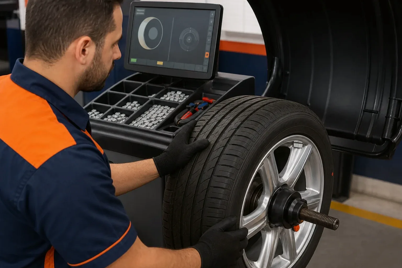 Técnico realizando balanceamento de rodas.